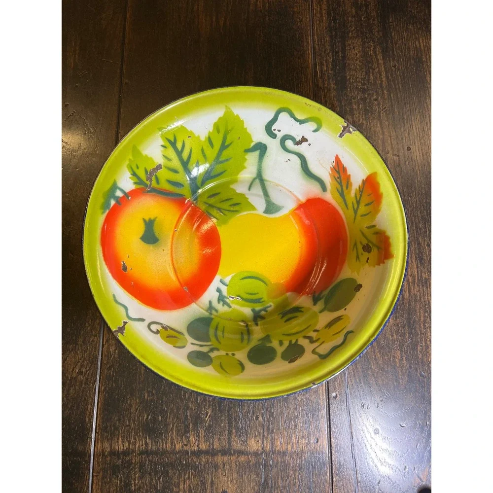VTG Mid Century Enamel Bowl Fruit Apples Leaves Design Yellow Green Red Rustic
